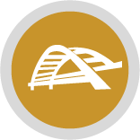 a mustard yellow icon with a white bridge outline within it